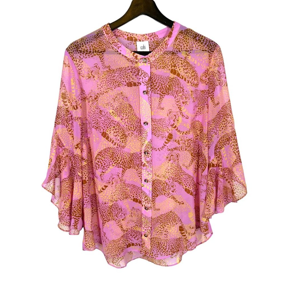 CAbi Minx Lilac Leopard Print Sheer Button Up Flutter Sleeve Top Large